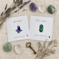 Carte d'insertion personnalisée pour produits en pierres précieuses avec illustration de cristal et finition mate pour l'emballage des boutiques de cristaux