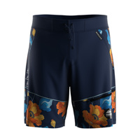 Shorts de bain vintage pour le surf, avec cordon de serrage à la taille, design ajusté, poches latérales diagonales, bleu nuit et motifs floraux vibrants