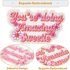 แผ่นปะติดรีดร้อนลายดอกไม้สีชมพู ลาย You're Doing Amazing Sweetie ปักลายมีม สำหรับติดผ้า รูปทรงไม่สม่ำเสมอ ขนาด 3.08x1.94 นิ้ว - Product Image 2