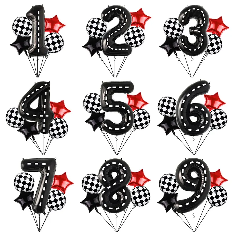 5 pièces décorations de fête d'anniversaire sur le thème de la voiture de course, Ballon en feuille noire, étoile, drapeau à carreaux, Ballon rond à hélium, ensemble Globos