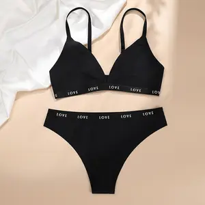 BPE001 vente en gros, grande taille, sans couture, lettre imprimée, noir, sans fil, femmes, Sexy, ensembles de soutien-gorge et slips personnalisés