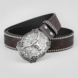Western Leather Buckle <strong>Belts</strong> Cowboy Longhorn Bull <strong>Pattern</strong> Buckle <strong>Belt</strong> Floral Engraved Buckle <strong>Belt</strong> for Men - Product Image 3
