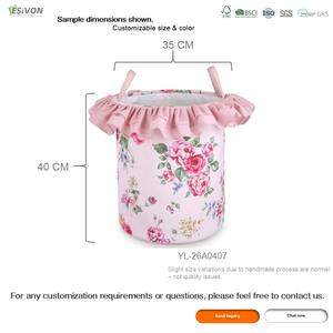 Cesta de Almacenamiento Redonda de Lona con Estampado Floral, <span class=keywords><strong>Gran</strong></span> Capacidad, con Volantes y Asas, Forro de EVA, para Cuarto de Niñas, Lavandería, Personalizable - Product Image 3