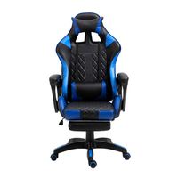 Chaise de jeu d'ordinateur en cuir bleu grand et de luxe avec repose-pieds