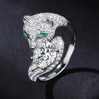 Nouvelle conception de bijoux fins pour hommes, argent S925, 2 carats, moissanite blanche verte VVS, bague réglable en forme de tête de léopard pour hommes et femmes