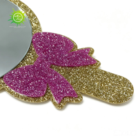 Miroir cosmétique portable à paillettes avec nœud rose et cadre doré, personnalisable avec logo, idéal pour cadeau promotionnel et ornement de bureau