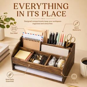 Boîte de rangement en bois pour l'exportation, boîte à cosmétiques en bois, boîte de rangement multi-compartiments pour papeterie et documents, rangement en bois massif - Product Image 1