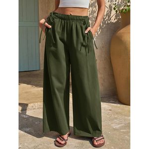 Fisoew Womens Wide Leg Pants Mid Waist Elastic Drawstring Casual Cotton Canvas Breathable Loose Fit Summer Wear - Product Image 3