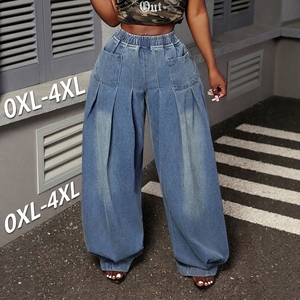 Jeans grande taille amples vintage délavés bleus plissés à jambes larges, jeans évasés taille haute élastiques, pantalons en denim pour femmes grandes tailles - Product Image 1
