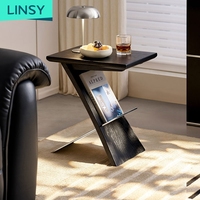 Mesa Auxiliar Irregular Moderna de Roble Rojo LINSY, Mesa Única en Forma de C con Porta Revistas para Sala de Estar y Dormitorio LS593J2-C