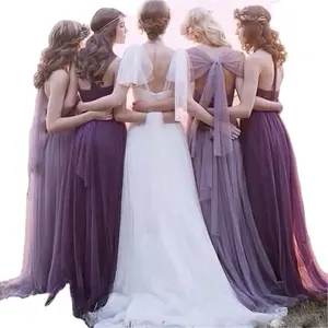 2023 Factory Customized High Quality Tulle A Line Women Summer Long Purple Dress Bridesmaid