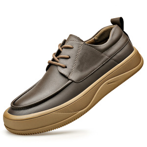 Chaussures décontractées en cuir à lacets pour hommes, marron, talon bas, couleur unie, style bateau, lacets avant, semelle adhésive, style jeune - Product Image 5