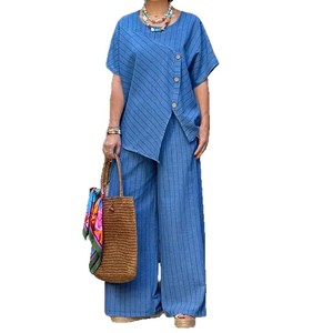 Conjunto de Dos Piezas para <span class=keywords><strong>Mujer</strong></span>, Verano 2026, <span class=keywords><strong>Camisa</strong></span> de <span class=keywords><strong>Manga</strong></span> Corta a Rayas <span class=keywords><strong>y</strong></span> Pantalones Holgados, Venta al Por Mayor - Product Image 1