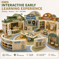 Centre de jeu éducatif personnalisé avec rembourrage doux, incluant une salle de classe, une bibliothèque scientifique, des espaces d'art et de compétences éducatives pour les enfants d'âge préscolaire, et un café