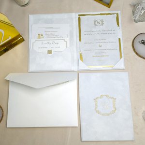 Invitación de boda personalizada con monograma en lámina dorada, acrílico, Trouwkaart, folio de terciopelo blanco indio y <span class=keywords><strong>código</strong></span> QR, juego de invitaciones de boda modernas y lujosas - Product Image 1