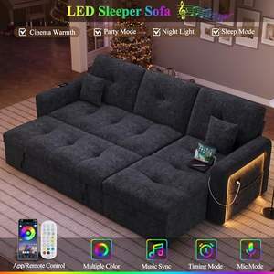 Canapé sectionnel LED en chenille avec lit gigogne convertible en forme de L, rangement, chaise longue, dossier réglable, USB - Product Image 6