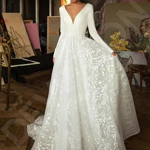 Женское свадебное платье It's yiiya, белое кружевное платье трапециевидной формы с длинными рукавами и глубоким V-образным вырезом на лето 2022