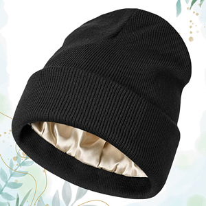 Silk Lined Knitted Hat Wool Acrylic Material Winter Autumn Women's Hair Protection Warmth Cold Protection - Product Image 3