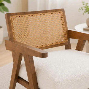 Fauteuil lounge moderne du milieu du siècle en bois avec dossier en rotin et coussin blanc pour salon, en velours, rotin et bois - Product Image 6