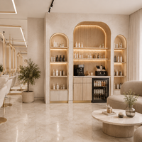 Ensemble de meubles de salon de coiffure sur mesure, comptoir de réception, poste de coiffage, vitrine pour salon