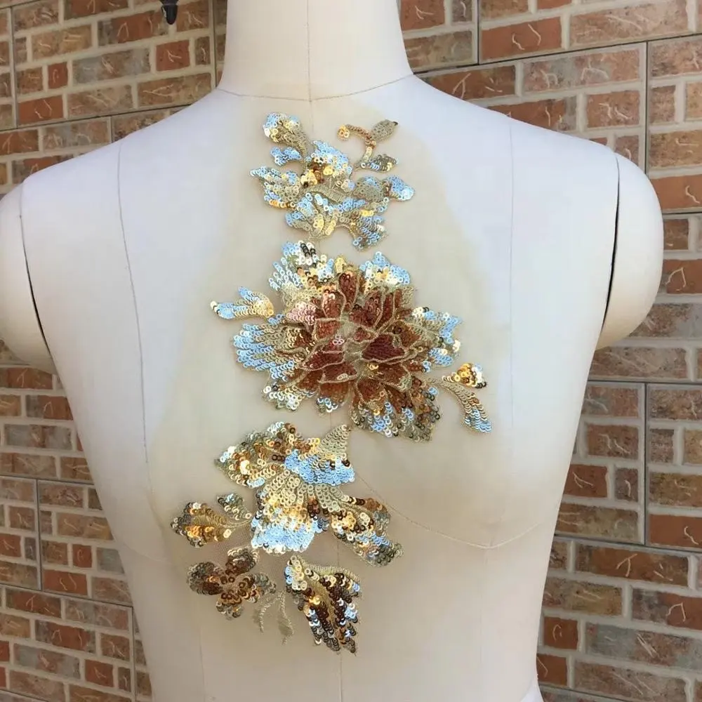 Apliques de encaje de novia con cuentas pesadas, apliques de lentejuelas 3D, apliques de flores bordadas pesadas para vestido de novia, nuevo diseño