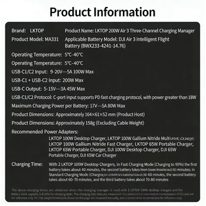LKTOP สำหรับฮับชาร์จสามทาง 200W Air <span class=keywords><strong>3</strong></span> รุ่นที่ใช้งานร่วมกันได้ สีดำ - Product Image 5