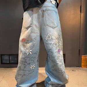 Medium Wash long baggy jeans Straight Casual Trendy men denim jeans vintage style DTG Direct Spray Painting demin jeans <b>for</b> men - Product Image 2