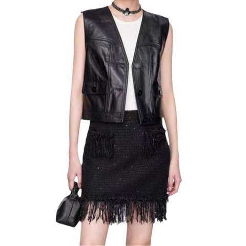4202 Wholesale Latest Design Popular Plain Short Genuine Sleeveless Leather Vest for Women