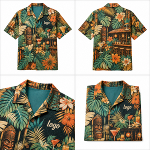 เสื้อเชิ้ตโบว์ลิ่งลายทรอปิคอลสไตล์เรโทรสำหรับบาร์คลับ แขนสั้น ติดกระดุม คอคิวบา ปักโลโก้ตามสั่ง ผลิตแบบ OEM - Product Image 1