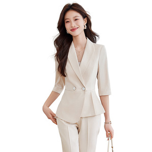 Women's Suit Set Light Blue Three Quarter Sleeve Anti-Wrinkle Office Lady Spring Wear - Product Image 5