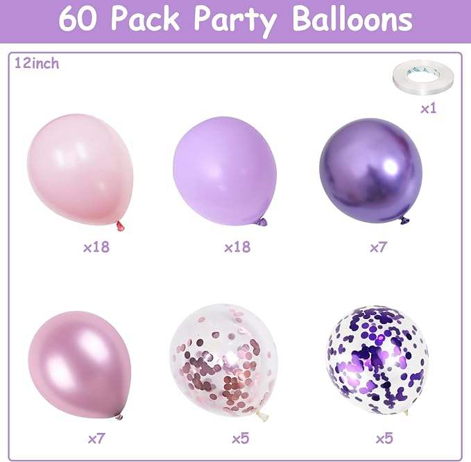 Pink Purple Balloons 65Pcs 12 Inch Pastel Pink Purple and Confetti Latex Balloon Bulk for Bridal Shower Hot-selling