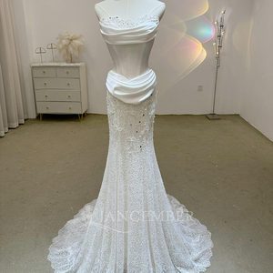 Superbe Robe de Mariée Sirène Moderne Grande Taille en Dentelle Douce avec Perles et Appliques de Cristal, Traîne Courte Lsjj104 - Product Image 4