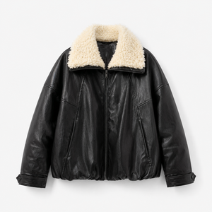 Veste bomber en cuir PU à col large et cordon de serrage de style britannique pour femmes en hiver - Product Image 3