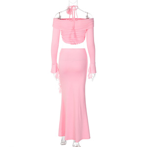 Viviblook Z323ST03 Ensemble Femme Été Tendance Sexy Top Court Sans Bretelles Manches Longues Jupe Moulante Deux Pièces - Product Image 5