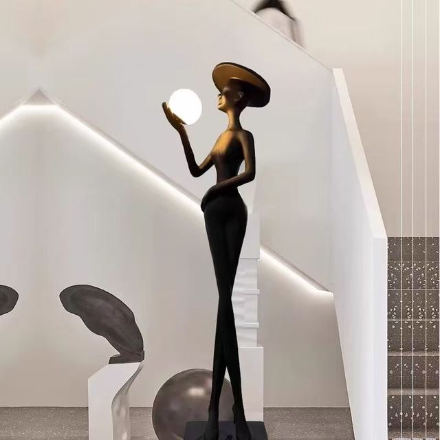 Modern LED Floor Lamp Large Black Resin Figure Sculpture Hat Wearing Girl Character for Living Room Lobby