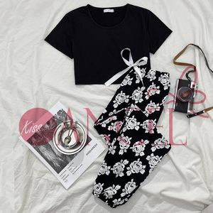 KISS ME ANGEL jachère pyjama femmes printemps automne taille noir col rond manches courtes imprimé pantalon vêtements de maison - Product Image 1