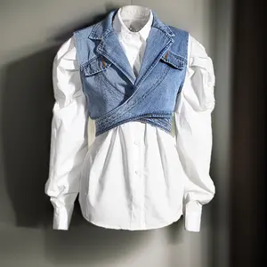 New Women's Cotton Denim Vest and Shirt Set Short Irregular Design with Bubble Sleeves Loose Fit Casual Style Logo Decoration