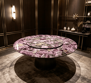 โต๊ะรับประทานอาหารหินอ่อนสีม่วงอเมทิสต์ธรรมชาติ พร้อมถาดหมุนแบบ Lazy Susan ดีไซน์ทันสมัย ขาโลหะ สำหรับ 8 ที่นั่ง เฟอร์นิเจอร์รับประทานอาหารสุดหรูสำหรับวิลล่า - Product Image 6