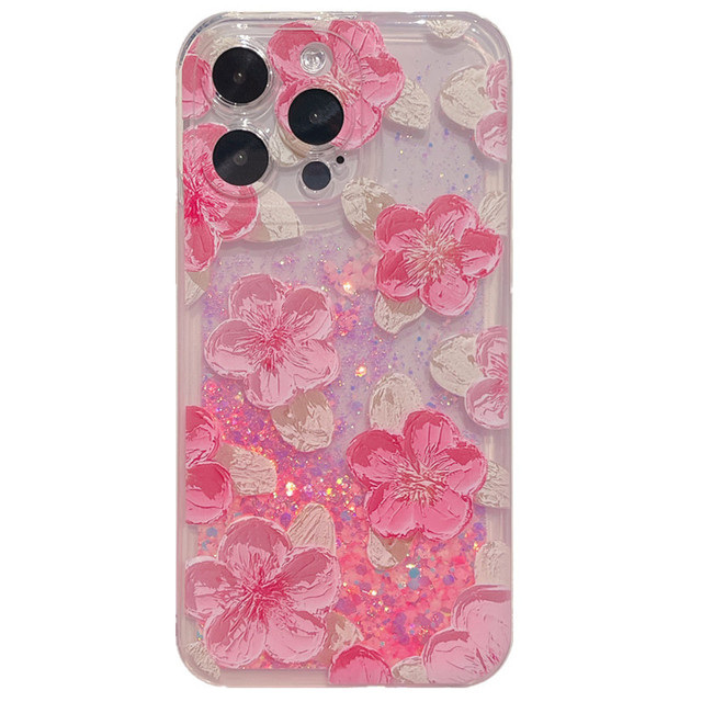 Luminous Oil Painting Flowers Case Liquid Glitter Quicksand Shockproof Phone Case for iPhone 6 7 8 X XS 11 12 13 14 Pro Max Case