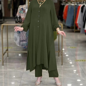 Elegante Completo Estivo da Donna Musulmana <span class=keywords><strong>con</strong></span> Tunica a Maniche Lunghe e Pantaloni, Top <span class=keywords><strong>con</strong></span> Bottoni Frontali e Orlo Irregolare, Spacchi Laterali, Abaya Formale per Ufficio - Product Image 1