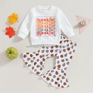 thankful Print Long Sleeve Sweatshirt Pumpkin Print Flare Pants Set Cute Clothes Toddler Girls Thanksgiving Outfits