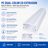 Profil diffuseur LED en PC co-extrudé bicolore, couverture blanche laiteuse pour bande LED, éclairage linéaire personnalisé