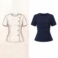 Setelan Kantor Wanita Biru Dongker Kerah Tegak Jaket Peplum Tiga Kancing Lengan Panjang Celana Panjang Set Resepsionis Hotel Custom MTM