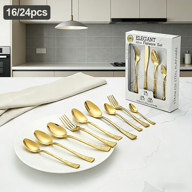 Luxury Stainless Steel Cutlery Set 16/24pcs Mirror Polished Plated Gold Knife Spoon and Fork Cutlery Set With Gift Box