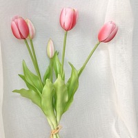 WY70107 Grosir Bunga Tulip Real Touch untuk Dekorasi Vas Pernikahan dan Rumah, Putih Pink 5 Tangkai, Bunga Tulip Buatan