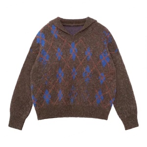 Suéter de mezcla de lana con cuello en V y gran solapa, diseño jacquard con estampado de rombos, ¡Gran Venta! - Product Image 5