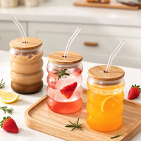 Gobelet en verre à effet ondulé, transparent, texturé, verre à boire unique, verrerie ondulée avec couvercle pour jus, eau, café