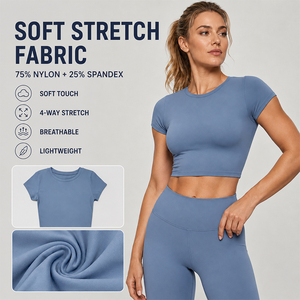 Haut court de sport pour femme 250 GSM, très élastique, sculptant le corps, col rond, manches courtes, t-shirt athlétique pour le yoga, la gym et la course à pied - Product Image 2