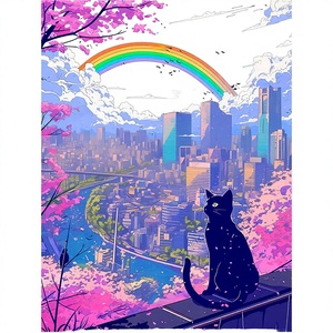 Kit de Arte de Diamantes con Diseño de Gato Observando la Ciudad, Paisaje Urbano Impreso, Arcoíris, Puntos Cuadrados de Resina, Pintura Mural - Product Image 4