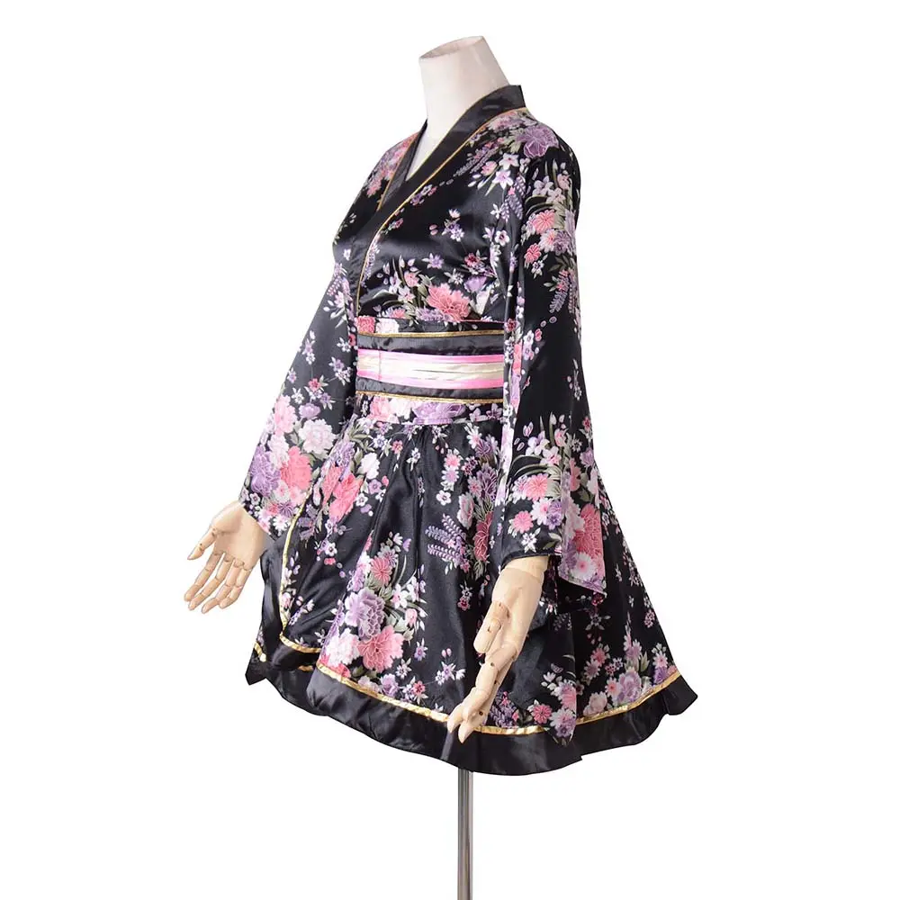 Japanse Bloemen Korte 1 Coscostume Zoete Vrouwen Luxe Kimono Jurk Outfit Sexy Meisjes Zijde Satijn Badjas Nachtkleding
